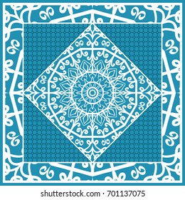 Design print for Pillow. Vector Illustration. Pattern with Geometric Lace Floral Ornament. For fabric, textile, bandana, scarg, carpet print. Blue color