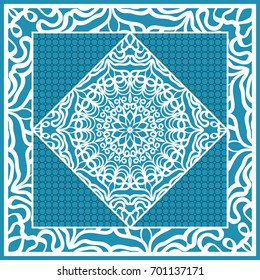 Design print for Pillow. Vector Illustration. Pattern with Geometric Lace Floral Ornament. For fabric, textile, bandana, scarg, carpet print. Blue color