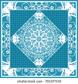 Design print for Pillow. Vector Illustration. Pattern with Geometric Lace Floral Ornament. For fabric, textile, bandana, scarg, carpet print. Blue color