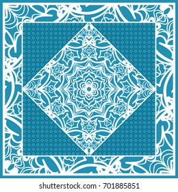 Design print for Pillow. Vector Illustration. Pattern with Geometric Lace Floral Ornament. For fabric, textile, bandana, scarg, carpet print. Blue color