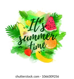 Design print for summer season. Abstract  watercolor background with fruit, orange, strawberry and avocado, geometric particle. Text hello summer on grunge modern texture backdrop. Vector 