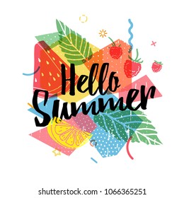 Design print for summer season. Abstract background with silhouettes fruit, lemon, strawberry and mint, geometric particle. Text hello summer on grunge modern texture backdrop. Vector.