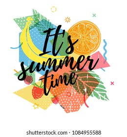 Design print for summer season. Abstract background with silhouettes fruit, lemon, strawberry and mint, geometric particle. Text hello summer on grunge modern texture backdrop. Vector.