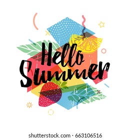 Design print for summer season. Abstract  background with silhouettes fruit, lemon, strawberry and mint, geometric particle. Text hello summer on grunge modern texture backdrop.  Vector