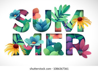 Design Print For Summer Season. Logo With Flower, Leaf, Herb And Branch Decoration. Text Summer Cut Paper Style With Natural Concept. Vector.