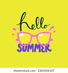 Design print for summer season. Text hello summer on on a bright acid background. Vector