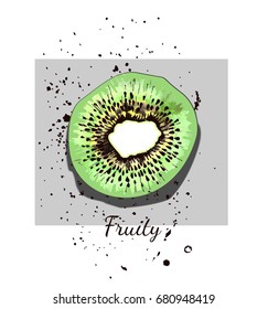 Design print for t-shirt. Hand drawn kiwi fruit with splash paint on the grey square. Hand drawn watercolor kiwi.