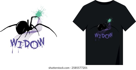 Design print for t-shirt. Spider horror black widow inscription