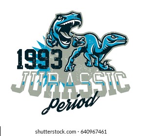 Design for printing on a T-shirt, aggressive dinosaurs ready to attack. Jurassic period, predator of antiquity, sport style. Vector illustration, grunge effect