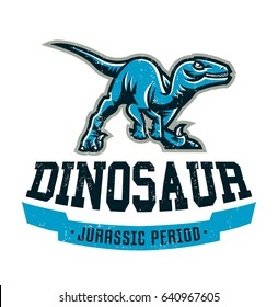Design for printing on a T-shirt, aggressive dinosaur ready for attack. Jurassic period, predator of antiquity, sport style. Vector illustration, grunge effect