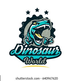 Design for printing on a T-shirt, aggressive dinosaur ready for attack. Jurassic period, predator of antiquity, sport style. Vector illustration, grunge effect