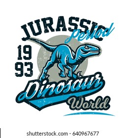 Design for printing on a T-shirt, aggressive dinosaur ready for attack. Jurassic period, predator of antiquity, sport style. Vector illustration, grunge effect
