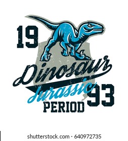 Design for printing on a T-shirt, aggressive dinosaur ready for attack. Jurassic period, predator of antiquity, sport style. Vector illustration, grunge effect