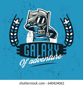 Design for printing on a T-shirt, an astronaut saluting and holding a flag. Space, galaxy, universe, cosmonaut's ammunition. Vector illustration, grunge effect