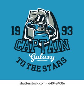 Design for printing on a T-shirt, an astronaut saluting and holding a flag. Space, galaxy, universe, cosmonaut's ammunition. Vector illustration, grunge effect