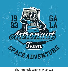 Design for printing on a T-shirt, an astronaut saluting and holding a flag. Space, galaxy, universe, cosmonaut's ammunition. Vector illustration, grunge effect