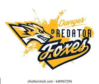 Design for printing on a T-shirt, evil fox ready to attack. Predator, forest dwellers, mascot, sports Identity, lettering, text. Vector illustration, grunge effect