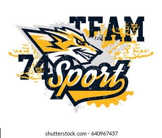 Design for printing on a T-shirt, evil fox ready to attack. Predator, forest dwellers, mascot, sports Identity, lettering, text. Vector illustration, grunge effect