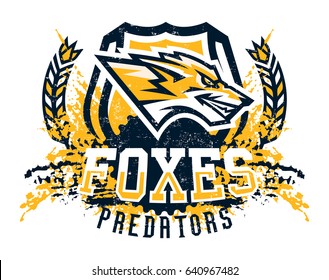 Design for printing on a T-shirt, evil fox ready to attack. Predator, forest dwellers, mascot, sports Identity, lettering, text. Vector illustration, grunge effect