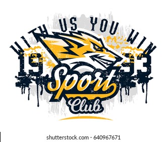 Design for printing on a T-shirt, evil fox ready to attack. Predator, forest dwellers, mascot, sports Identity, lettering, text. Vector illustration, grunge effect