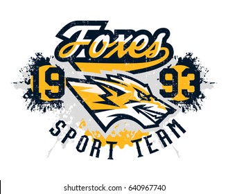 Design for printing on a T-shirt, evil fox ready to attack. Predator, forest dwellers, mascot, sports Identity, lettering, text. Vector illustration, grunge effect