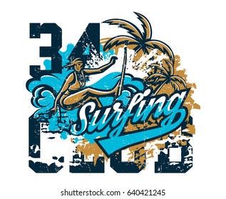 Design for printing on a T-shirt, girl surfer drifting through the waves. Extreme sport, beach, sunny coast, lettering, text. Vector illustration, grunge effect