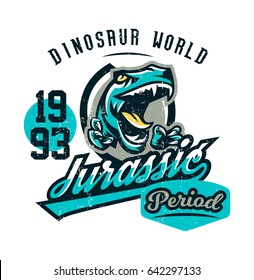 Design for printing on a T-shirt isolated on a white background, dinosaur of the Jurassic period. American, vintage, grunge effect, emblem. Ancient world, the era of dinosaurs. Vector illustration