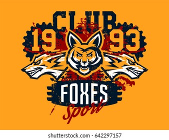 Design for printing on a T-shirt, isolated on a white background, aggressive American fox, forest predator. Sports identity, club logo, lettering, text. Vector illustration, grunge effect