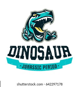 Design for printing on a T-shirt isolated on a white background, dinosaur of the Jurassic period. American, vintage, grunge effect, emblem. Ancient world, the era of dinosaurs. Vector illustration