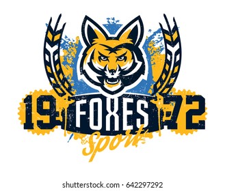 Design for printing on a T-shirt, isolated on a white background, aggressive American fox, forest predator. Sports identity, club logo, lettering, text. Vector illustration, grunge effect