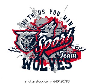 Design for printing on T-shirts, aggressive wolf ready to attack. Predator of the forest, dangerous beast, wild animal, mascot, sports identity, lettering. Vector illustration, grunge effect