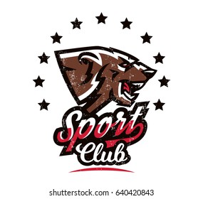 Design for printing on T-shirts, aggressive bear ready to attack. Predator of the forest, dangerous beast, grizzly, wild animal, mascot, sports identity, lettering. Vector illustration, grunge effect