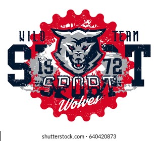 Design for printing on T-shirts, aggressive wolf ready to attack. Predator of the forest, dangerous beast, wild animal, mascot, sports identity, lettering. Vector illustration, grunge effect