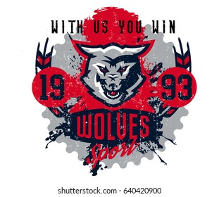 Design for printing on T-shirts, aggressive wolf ready to attack. Predator of the forest, dangerous beast, wild animal, mascot, sports identity, lettering. Vector illustration, grunge effect
