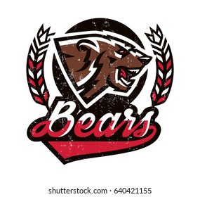 Design for printing on T-shirts, aggressive bear ready to attack. Predator of the forest, dangerous beast, grizzly, wild animal, mascot, sports identity, lettering. Vector illustration, grunge effect