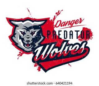 Design for printing on T-shirts, aggressive wolf ready to attack. Predator of the forest, dangerous beast, wild animal, mascot, sports identity, lettering. Vector illustration, grunge effect
