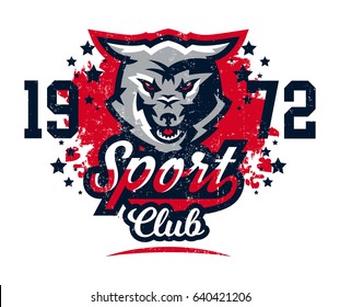 Design for printing on T-shirts, aggressive wolf ready to attack. Predator of the forest, dangerous beast, wild animal, mascot, sports identity, lettering. Vector illustration, grunge effect