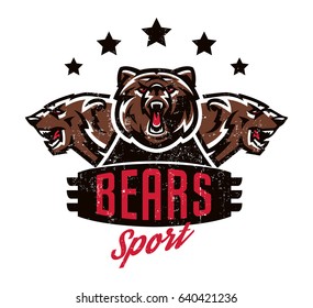 Design for printing on T-shirts, aggressive bear ready to attack. Predator of the forest, dangerous beast, grizzly, wild animal, mascot, sports identity, lettering. Vector illustration, grunge effect