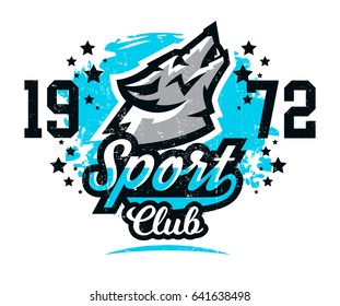 Design for printing on T-shirts, a wolf howling at the moon. Wild animal, predator, talisman, sports identity, logo. Vector illustration, grunge effect