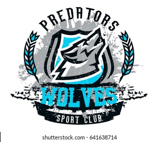 Design for printing on T-shirts, a wolf howling at the moon. Wild animal, predator, talisman, sports identity, logo. Vector illustration, grunge effect