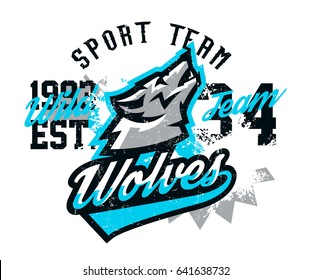 Design for printing on T-shirts, a wolf howling at the moon. Wild animal, predator, talisman, sports identity, logo. Vector illustration, grunge effect