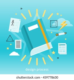 Design process banner flat concept. Process and procedure for the establishment of new creative design. Ready new design. Finished design. Drawing in pencil on sheet paper. illustration