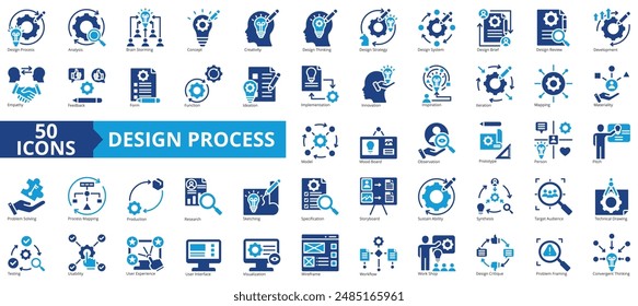 Design process icon collection set. Containing analysis, brainstorming, concept, creativity, design thinking, strategy, design brief icon. Simple flat vector illustration.