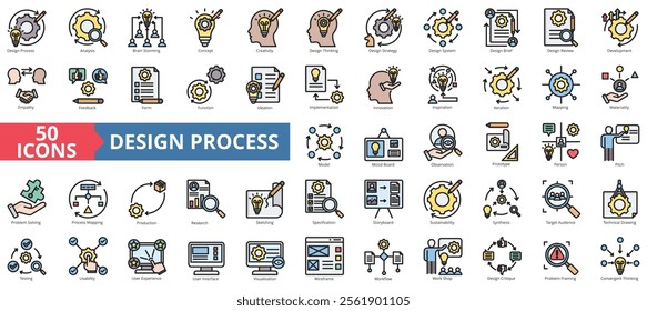 Design process icon collection set. Containing analysis, brainstorming, concept, creativity, design thinking, strategy, design brief icon. Simple flat outline vector illustration