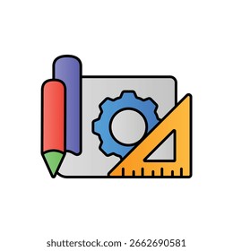 Ícone de cor linear do fluxo de trabalho do processo de design: metodologia criativa e estágios