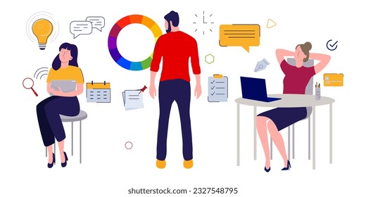 design process workspace creative teamwork professional job coloring boy and girl creating editing artist