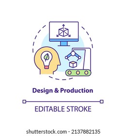 Design And Production Concept Icon. Circular Economy Process Abstract Idea Thin Line Illustration. Sustainable Development. Isolated Outline Drawing. Editable Stroke. Arial, Myriad Pro-Bold Fonts Used