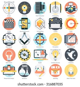Design and production theme, flat style, colorful, vector icon set for info graphics, websites, mobile and print media.