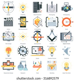 Design and production theme, flat style, colorful, vector icon set for info graphics, websites, mobile and print media.