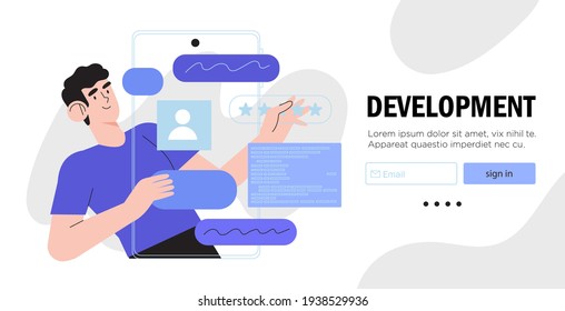 Design and programming banner, web landing page, advertisement. Designer working on ui ux design or mobile application. Studio or agency prototyping or coding web page or mobile app. Cms development.
